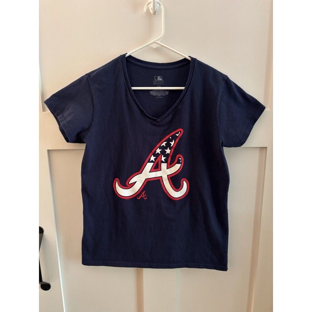 Atlanta Braves Women’s V-Neck T-Shirt Navy MLB Graphic Tee Size Large